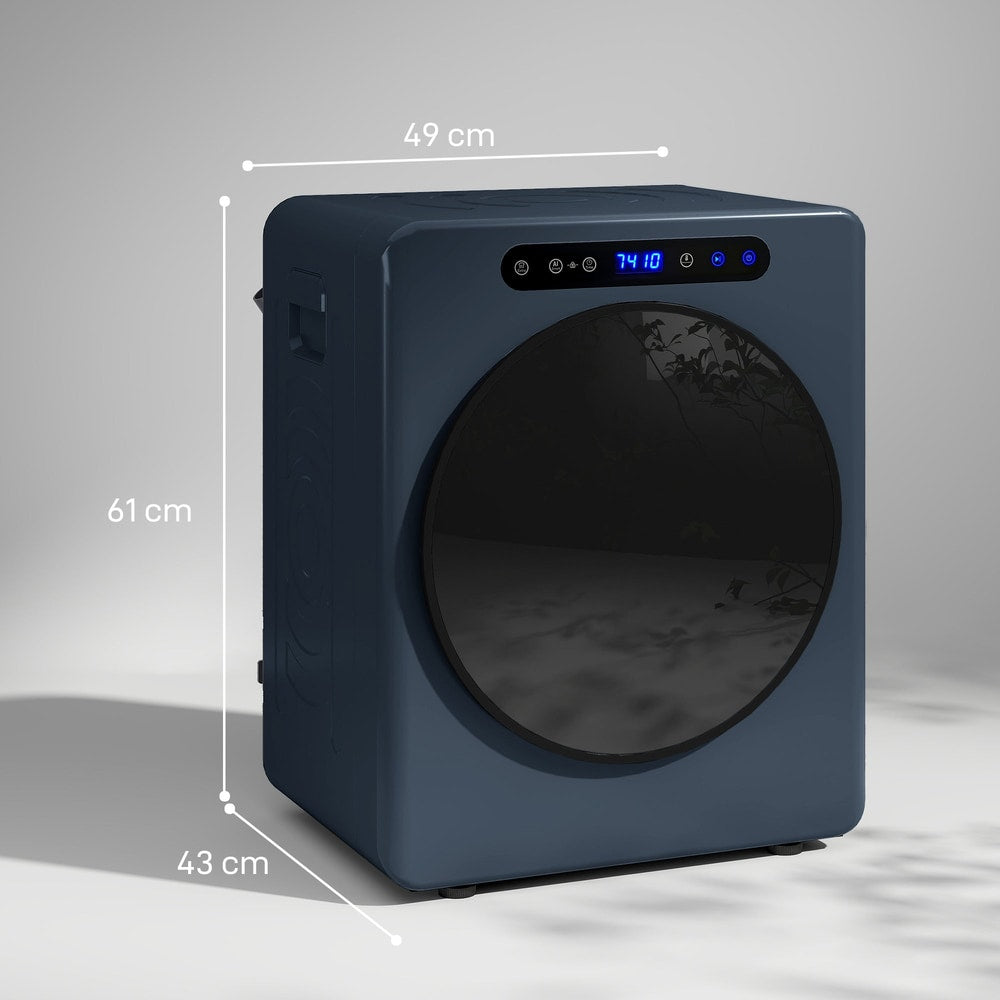 The blue tumble dryer with dimensions shown on the side