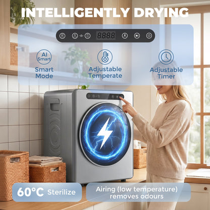 The silver tumble dryer with a glowing blue lightning icon on the door and digital control panel