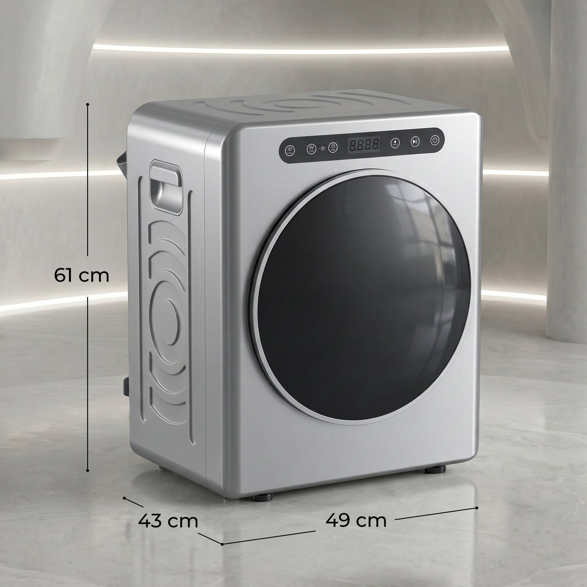 The compact laundry machine shown with height, width and depth dimensions indicated