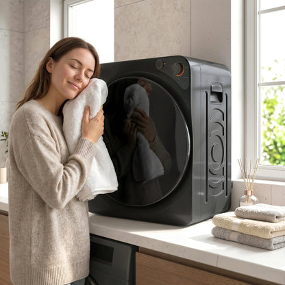 Woman holding a fluffy towel next to the compact tumble dryer in a laundry room setting