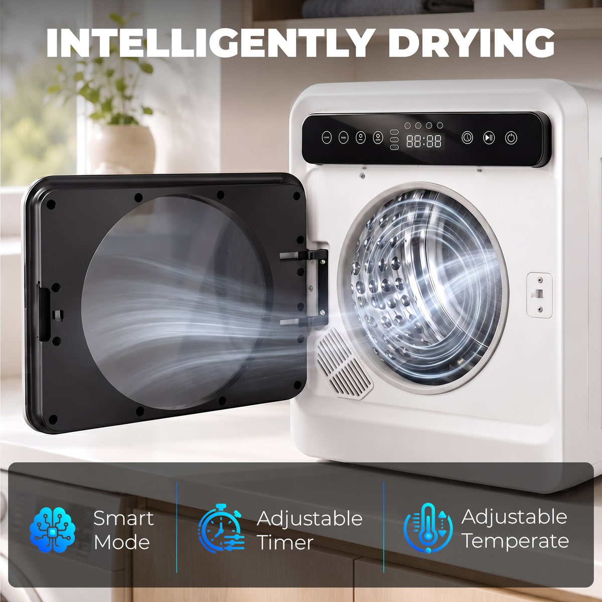 The open door of the compact laundry machine showing the drum and airflow, with text about smart drying