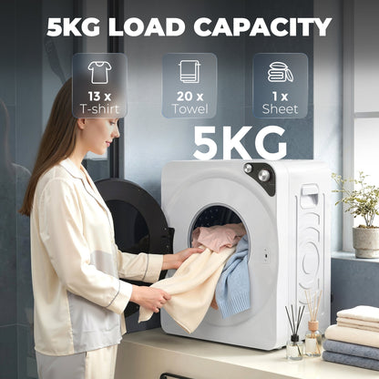 The compact clothes drying machine with its door open, a person is placing laundry inside