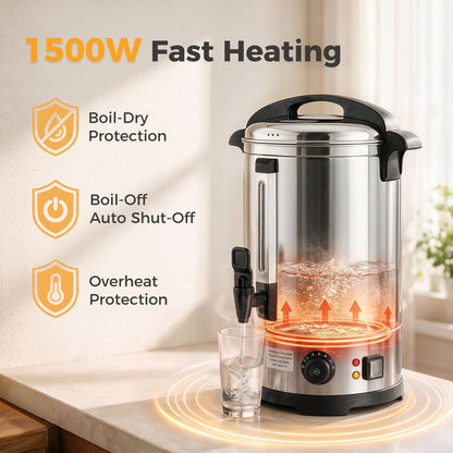 The catering urn showing internal heating elements and safety protection icons