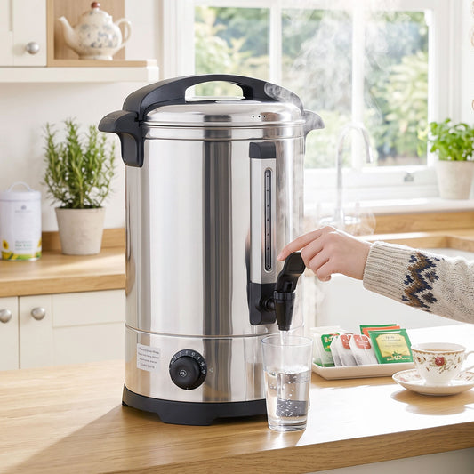 The hot water boiler dispensing steaming water into a glass on a wooden kitchen counter