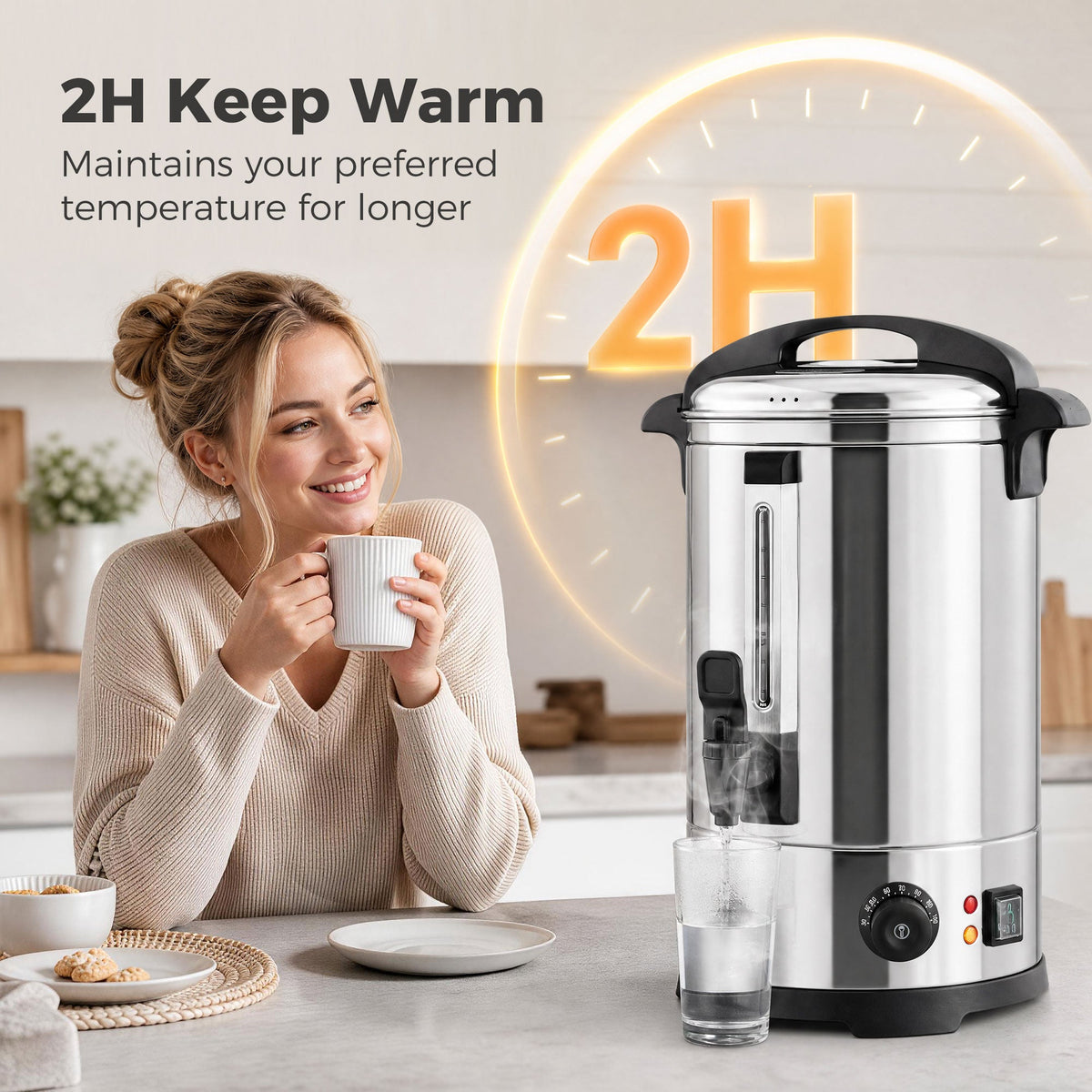 The hot water boiler with a keep warm graphic overlay while a woman drinks tea nearby