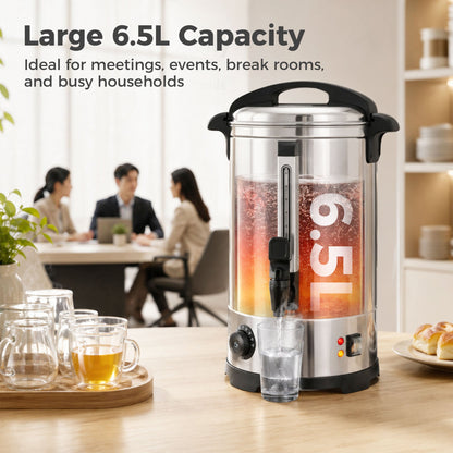 The water dispenser shown in a busy office setting with a large capacity graphic overlay