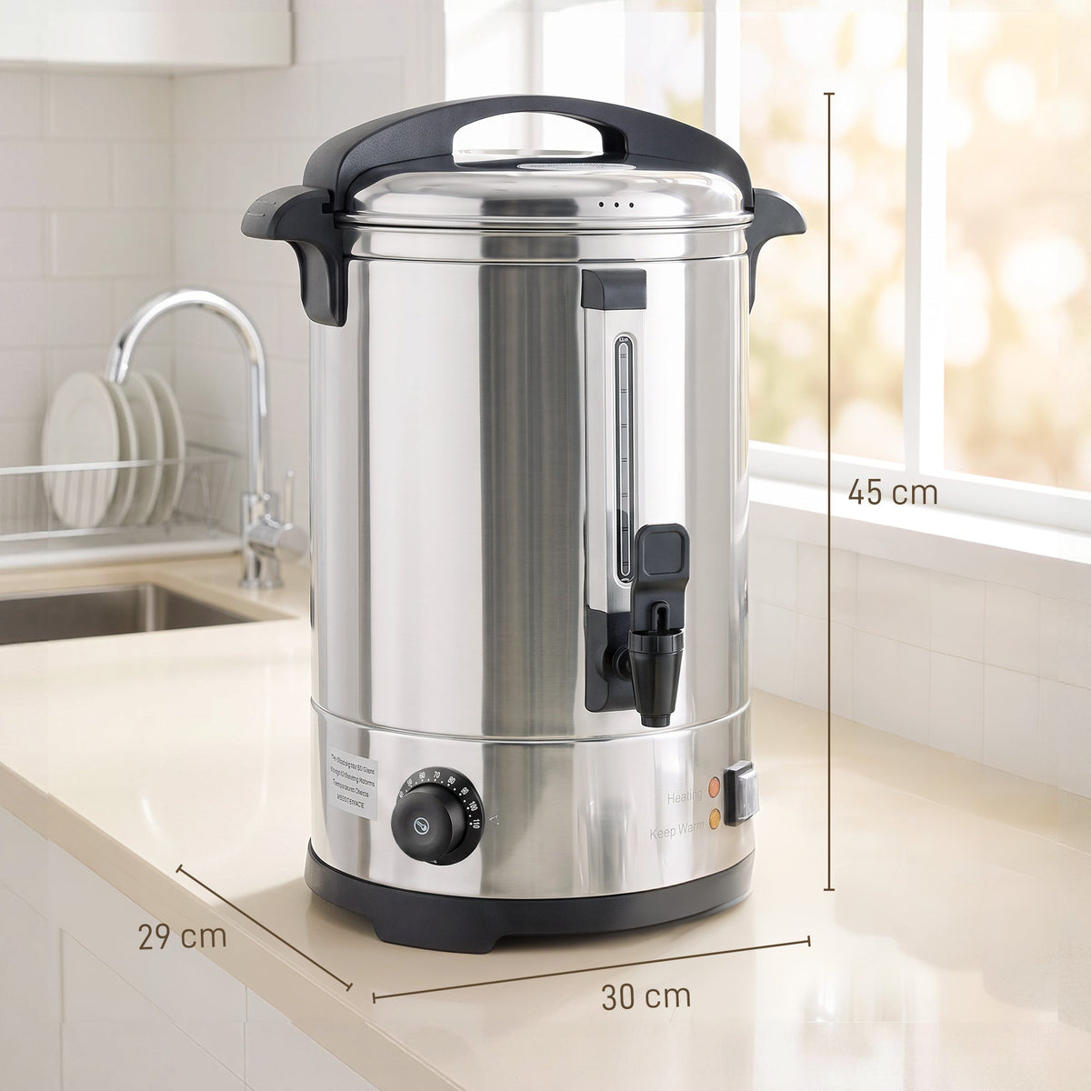 The catering urn showing height, width, and depth dimensions on a kitchen worktop