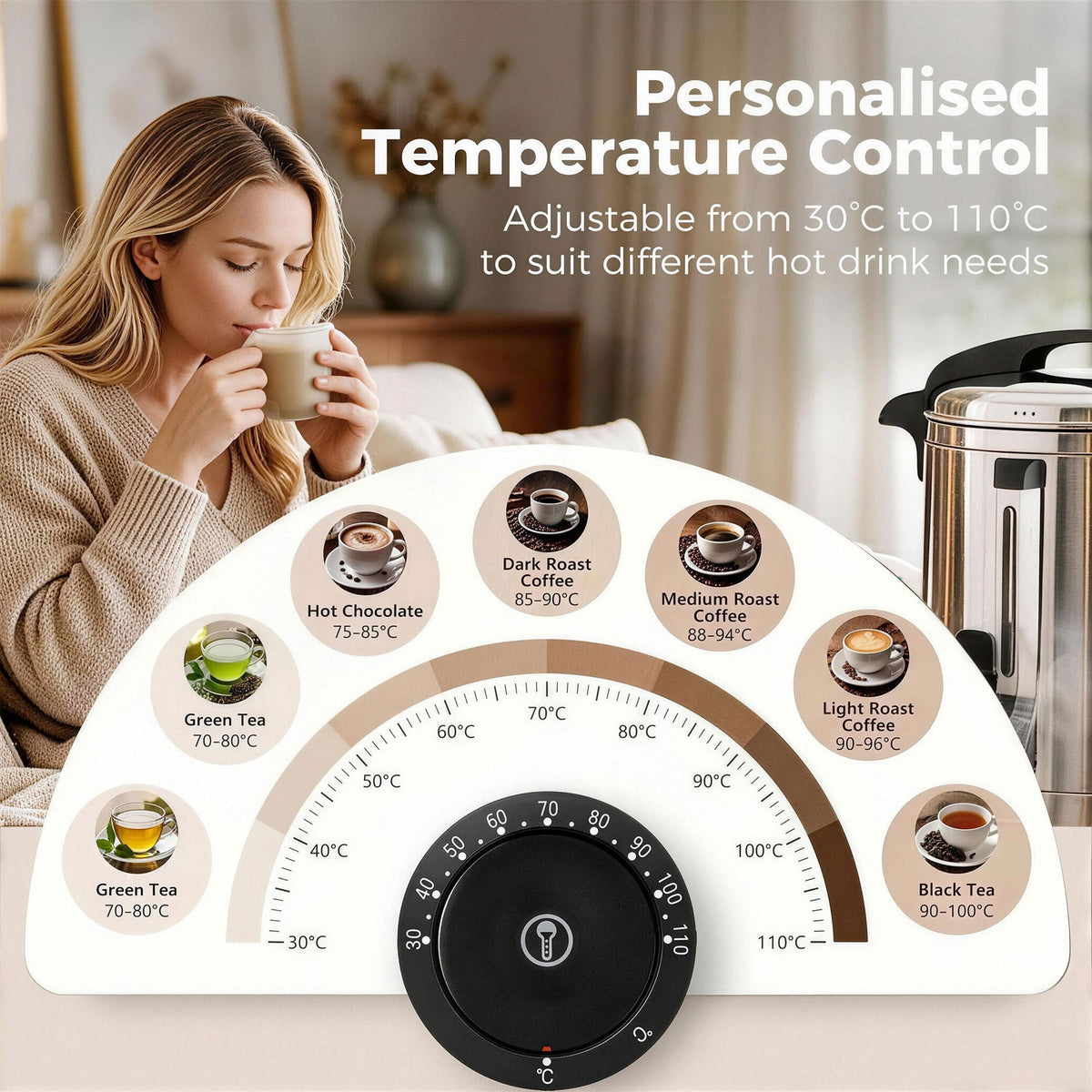 the hot water boiler temperature dial with drink icons and a woman drinking tea in the background