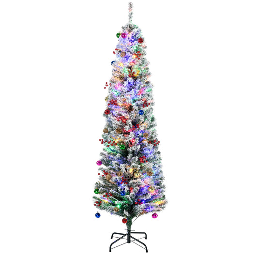 HOMCOM 6' Artificial Prelit Christmas Trees Holiday Décor with colourful LED lights, flocked tips, berry and pine cone