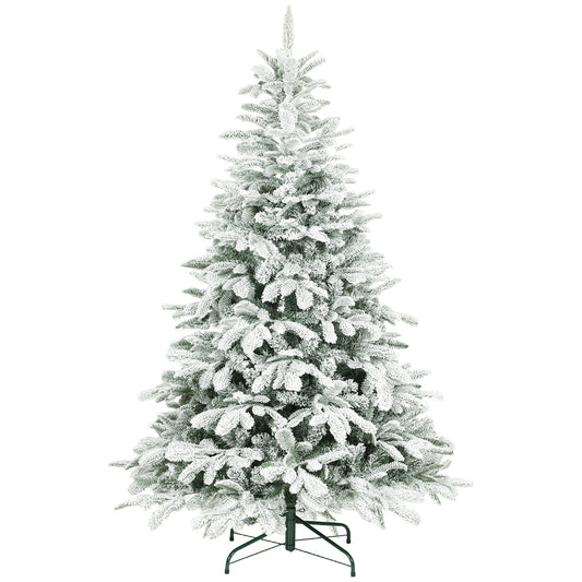 HOMCOM 6 ft Artificial Flocked Christmas Tree with a white flocked finish and green metal stand