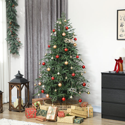 The artificial Christmas tree decorated with baubles and gifts at its base