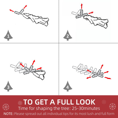 Diagram showing how to shape the branches of the snow flocked artificial Christmas tree for a full look