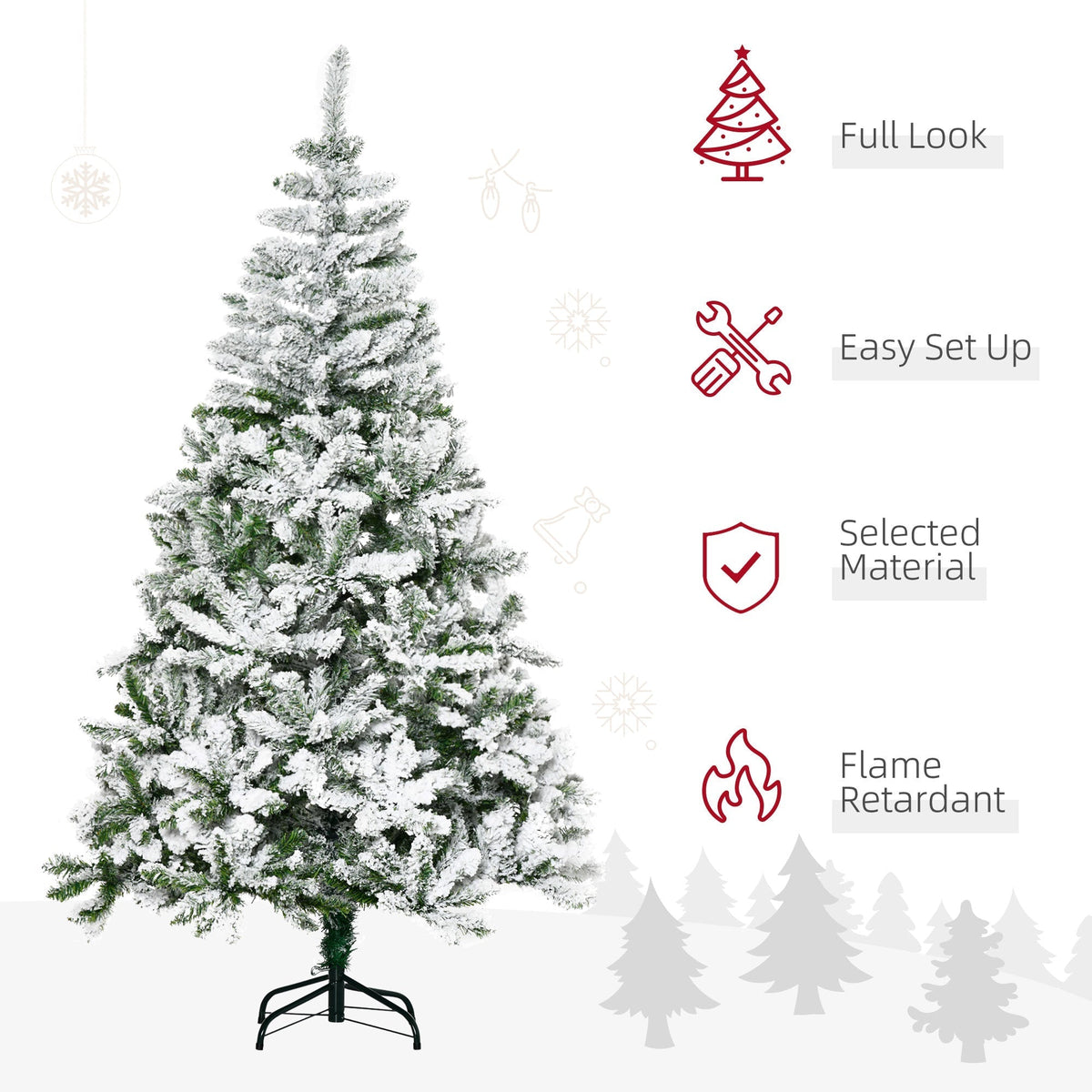 The snow flocked artificial Christmas tree with icons for full look, easy set up, selected material and flame retardant