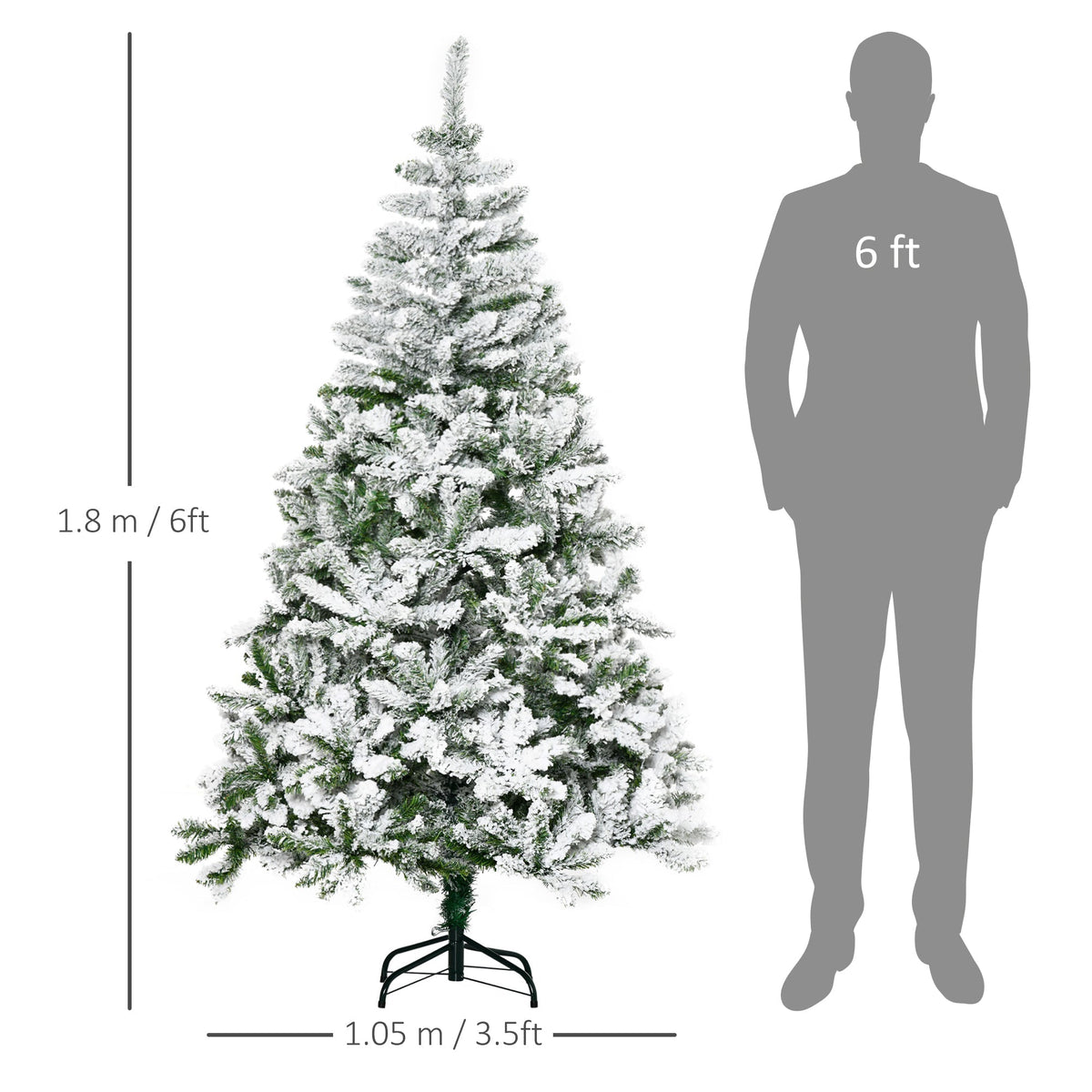 A diagram showing the height of the snow flocked artificial Christmas tree next to a person