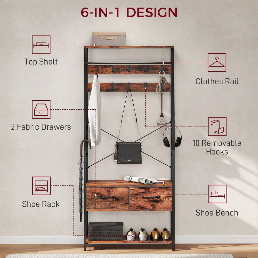 the hallway coat rack with icons highlighting the storage features and hanging space