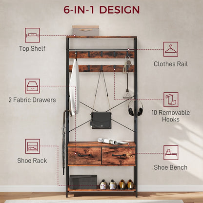 the hallway coat rack with icons highlighting the storage features and hanging space