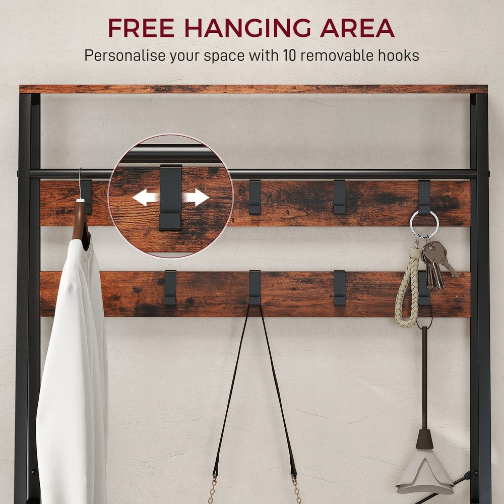 HOMCOM 6-in-1 Industrial-Style Hallway Organiser, close-up of the coat rack hooks showing how they can be moved along the