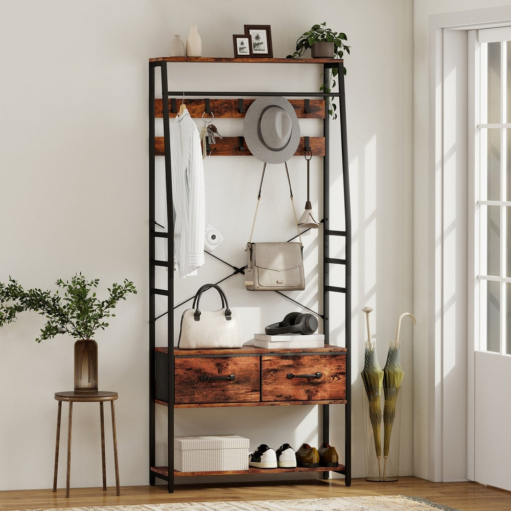 The coat rack stands in a hallway filled with bags, shoes, hats and decorative items