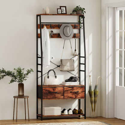 The coat rack stands in a hallway filled with bags, shoes, hats and decorative items