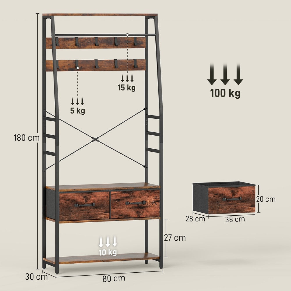 The hallway organiser shown with technical lines indicating dimensions and weight limits