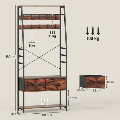 The hallway organiser shown with technical lines indicating dimensions and weight limits