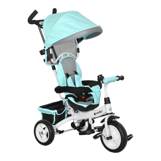 HOMCOM 6 in 1 Kids Trike Push Bike in green with a canopy, safety belt and storage basket