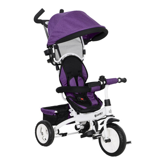 HOMCOM 6 in 1 Kids Trike Push Bike with purple canopy and storage basket on a white background
