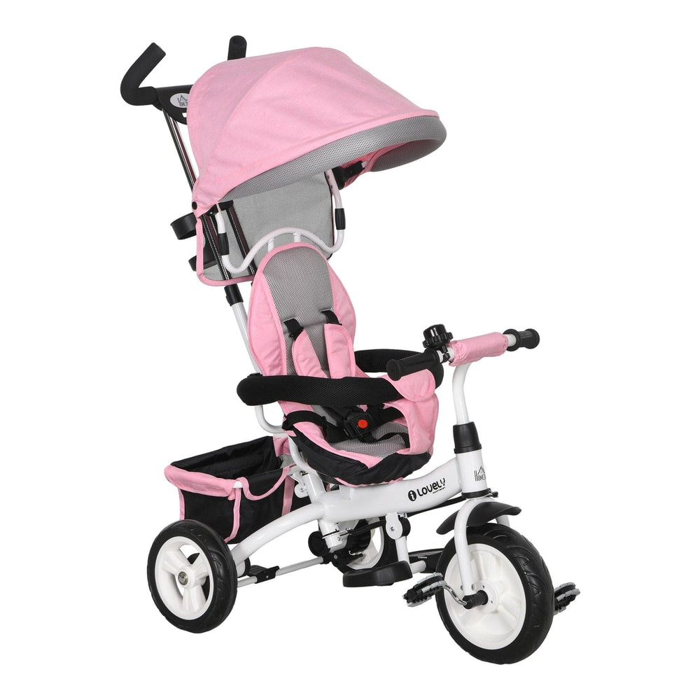 HOMCOM 6 in 1 Kids Trike Push Bike in pink with a canopy and push handle