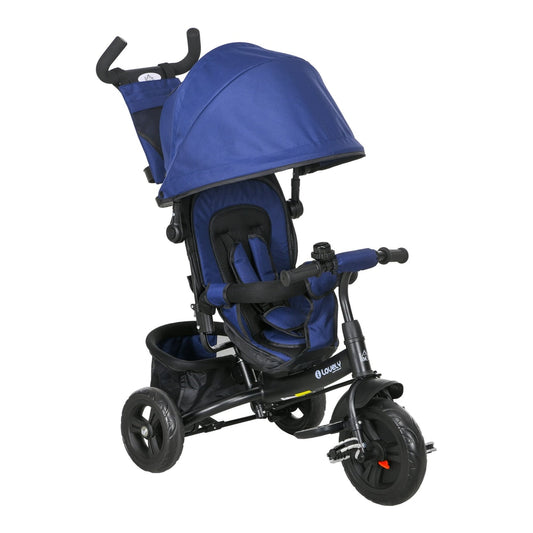 HOMCOM 6 in 1 Kids Trike Push Bike in dark blue with a canopy and storage basket