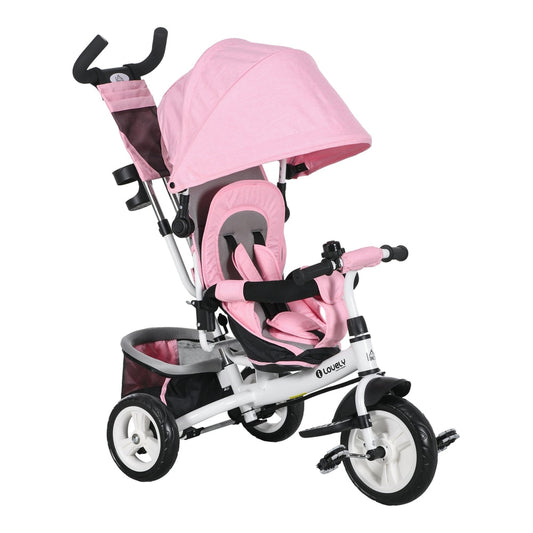 HOMCOM 6 in 1 Kids Trike with Parent Handle in pink with a canopy and rear storage basket