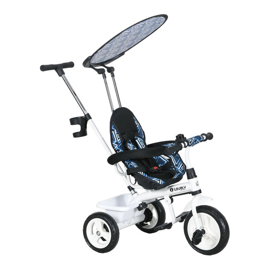 HOMCOM 6 in 1 Tricycle for kids with a white frame and blue patterned seat and canopy