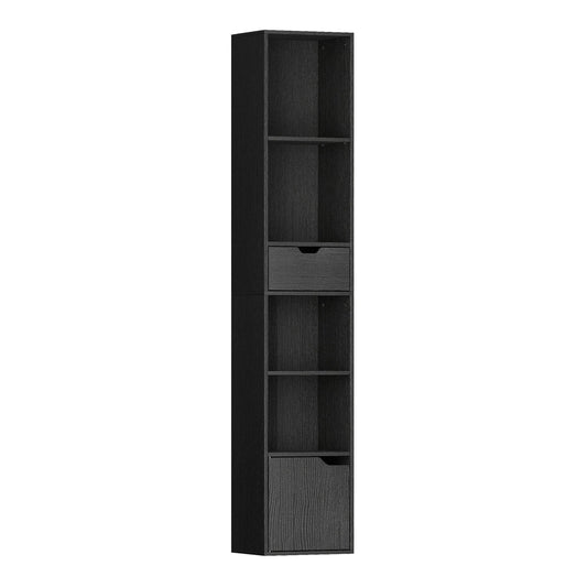 HOMCOM 6-Tier Bookcase, tall narrow bookshelf with drawer and door in black