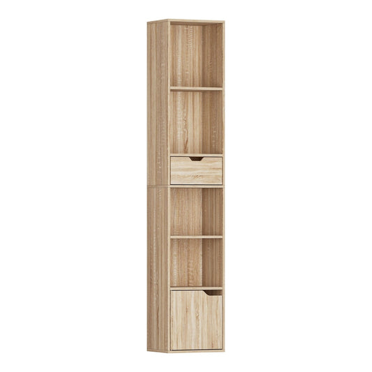 HOMCOM 6-Tier Bookcase, tall narrow bookshelf with drawer and door in natural wood finish