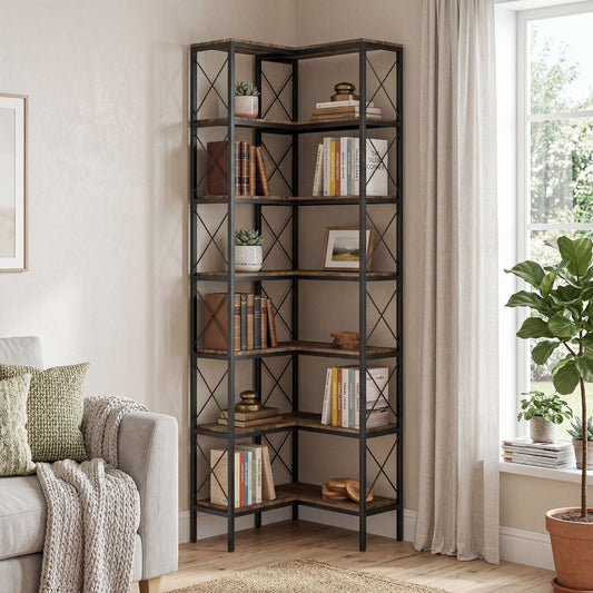 The corner bookcase is filled with books and decorative items in a living room setting