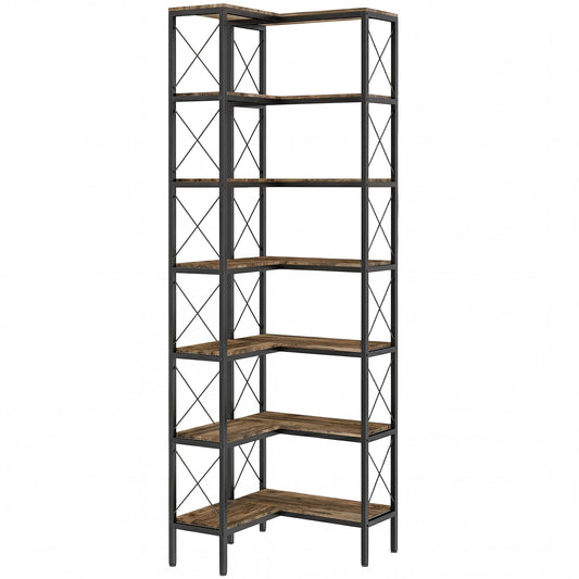 HOMCOM 6-Tier L-Shaped Bookshelf with a metal frame and rustic brown shelves