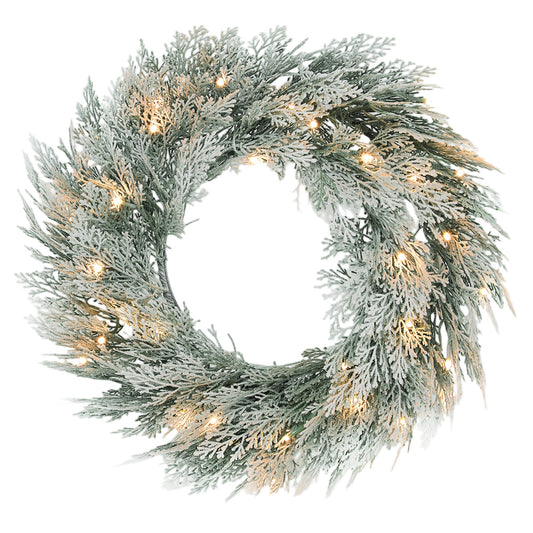 HOMCOM 60cm/ 24inch Flocked Prelit Christmas Wreath with warm white LED lights