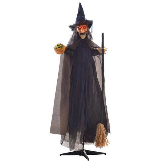 HOMCOM 6'2" Witch with Broomstick Halloween Animatronic standing on a black stand with a pumpkin