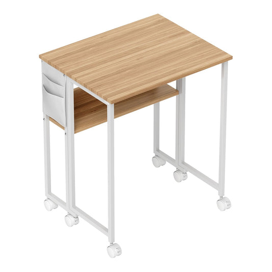 HOMCOM 63 cm Drop Leaf Writing Work Desk with a natural wood finish and white metal frame