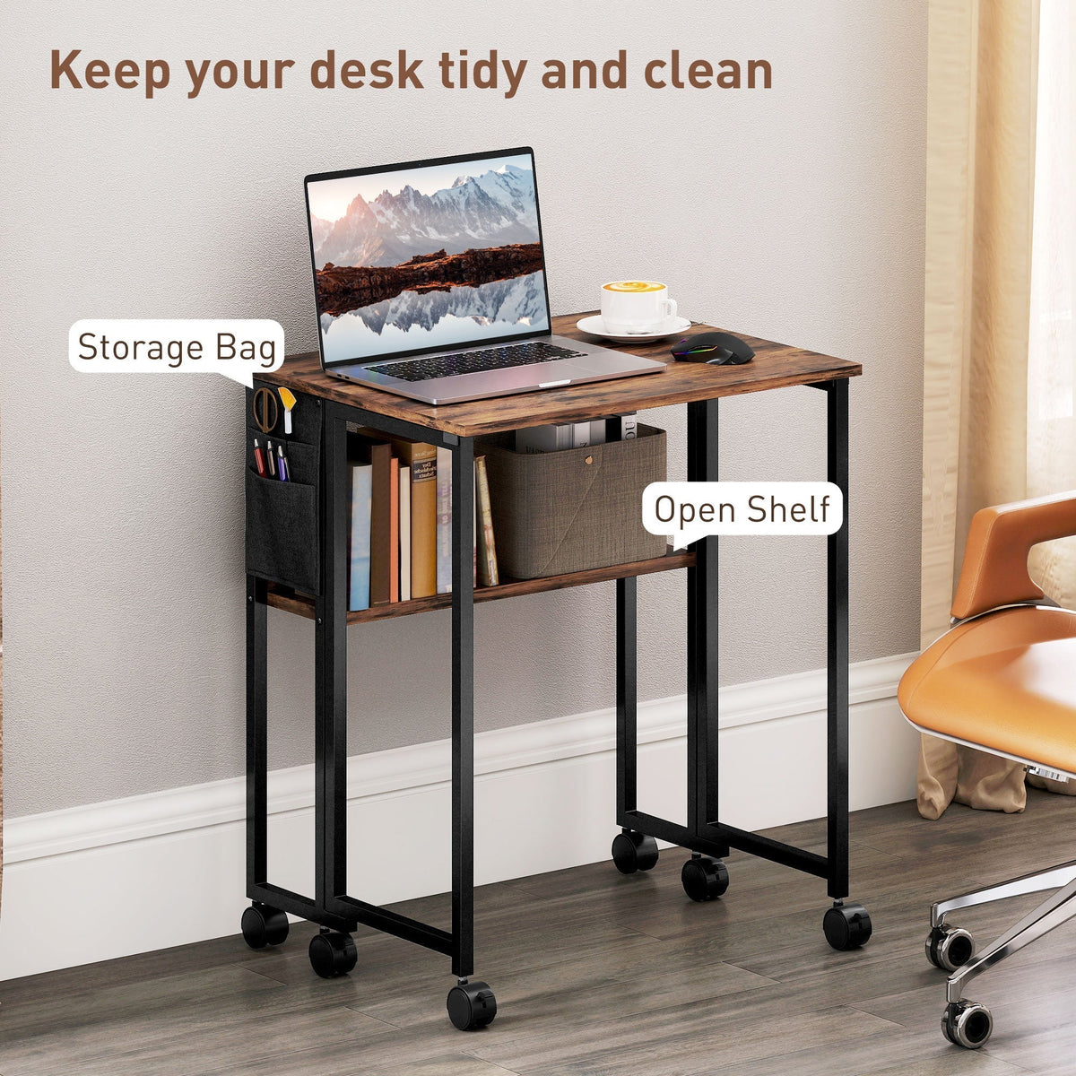 The office desk highlighting the side storage bag and the open shelf for organisation