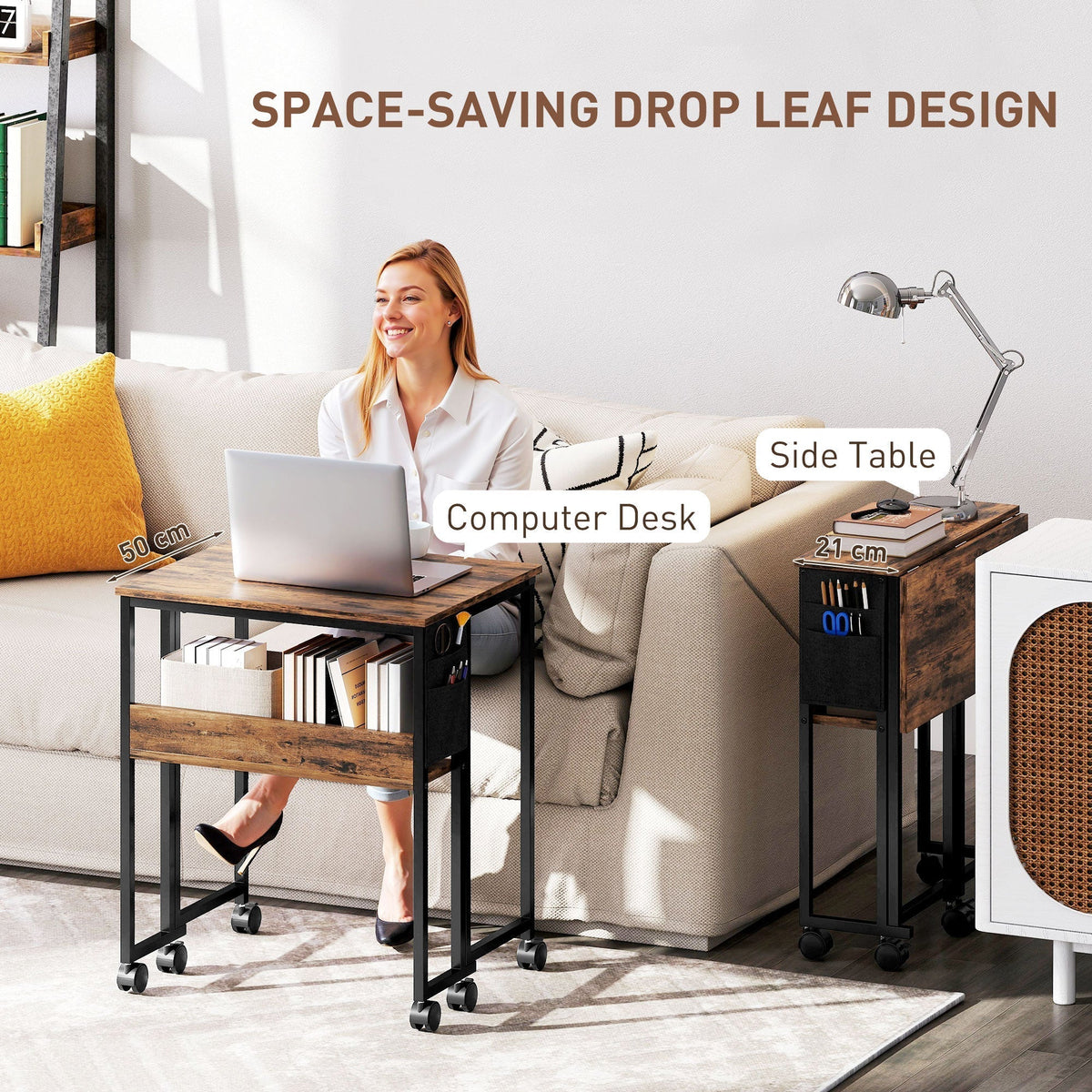The office desk shown in use as a computer station and as a side table next to a sofa