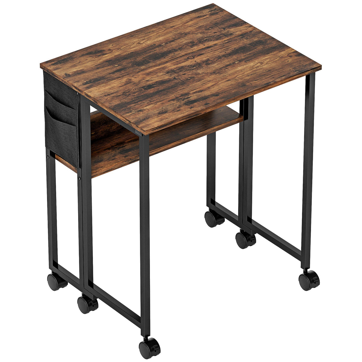 HOMCOM 63 cm Drop Leaf Writing Work Desk with a rustic brown top and black frame on castor wheels