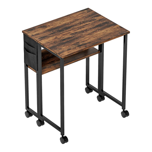 HOMCOM 63 cm Drop Leaf Writing Work Desk with a rustic brown top and black frame on castor wheels