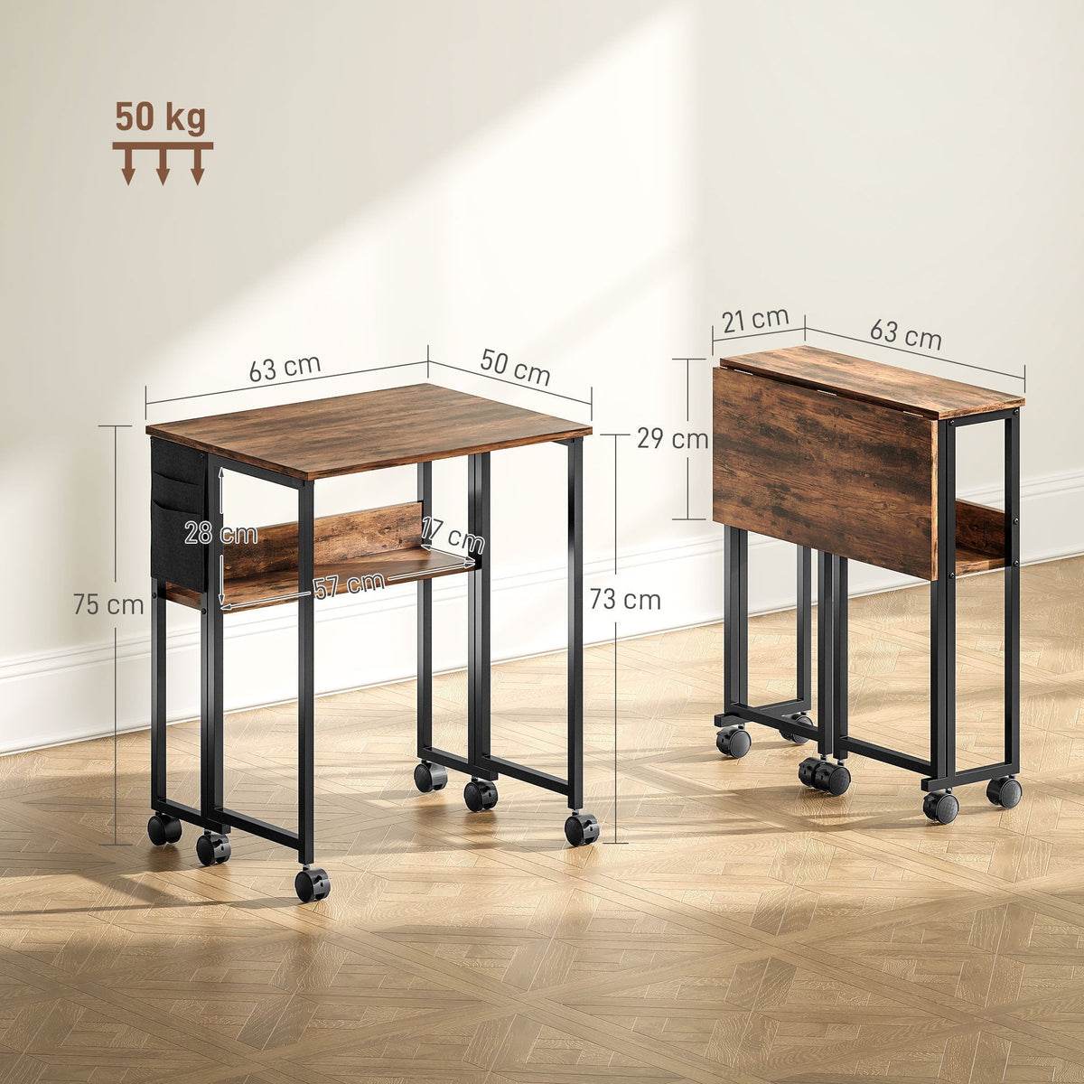The office desk showing dimensions for both the open and folded positions