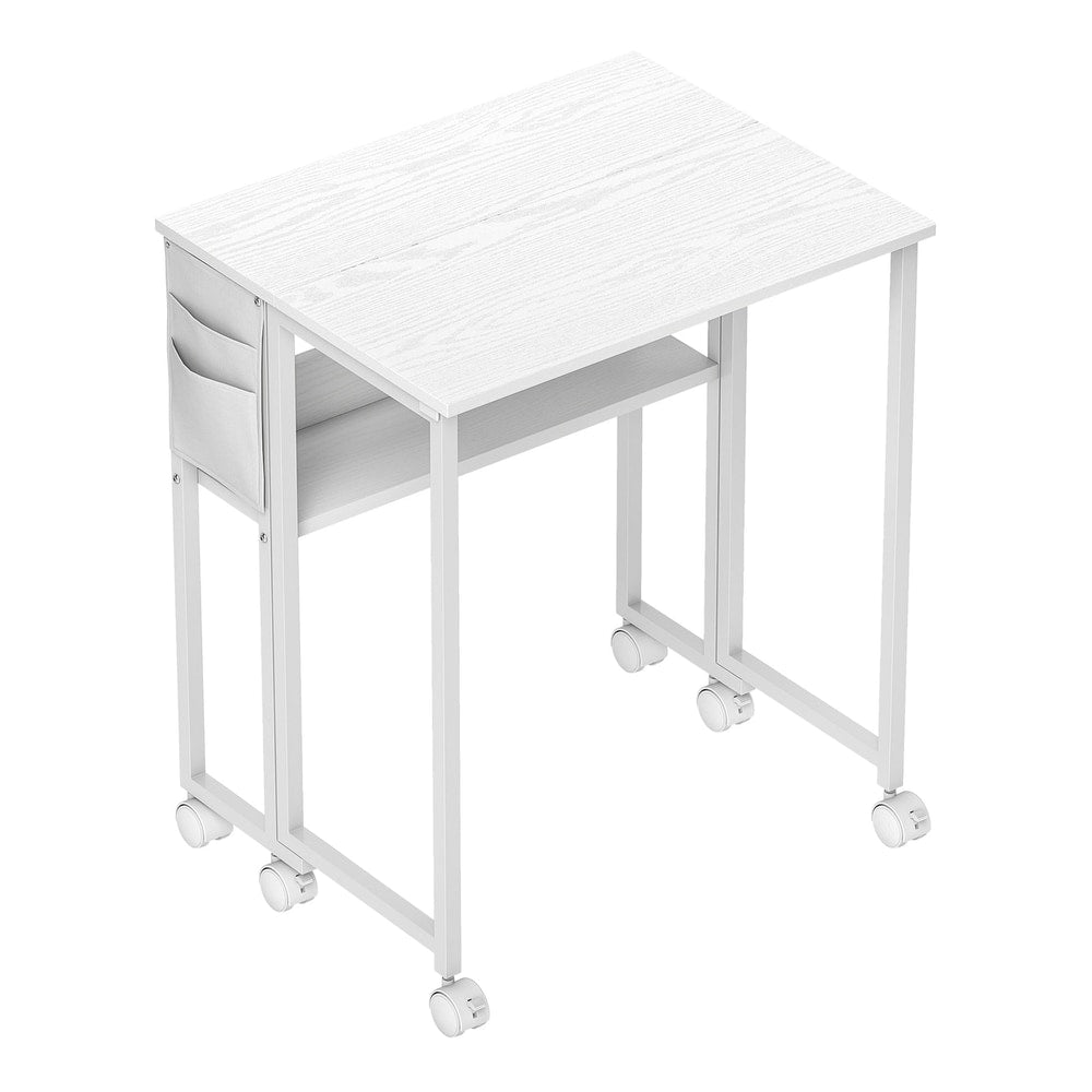 HOMCOM 63 cm Drop Leaf Writing Work Desk - white wooden effect top and white metal frame with wheels