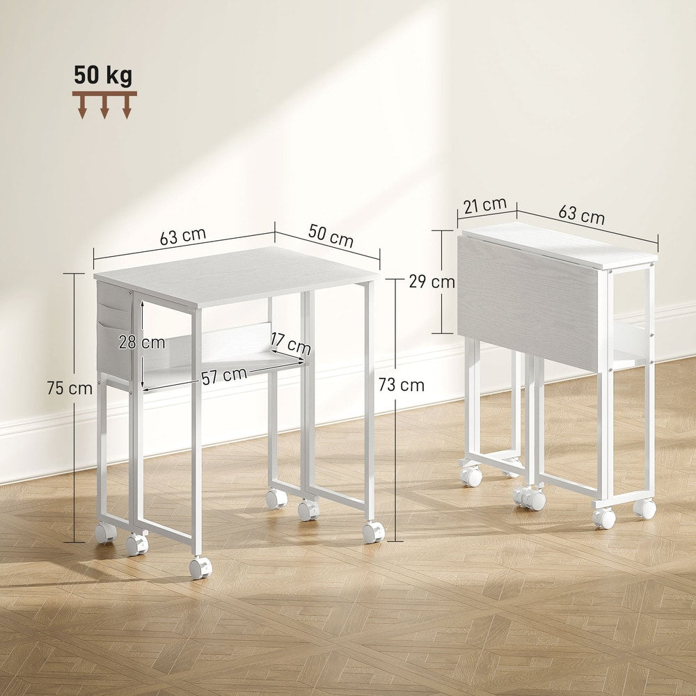 Dimensions of the white drop leaf writing desk shown with one side folded down