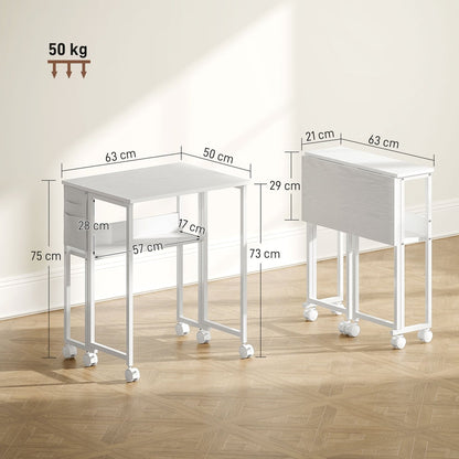 Dimensions of the white drop leaf writing desk shown with one side folded down