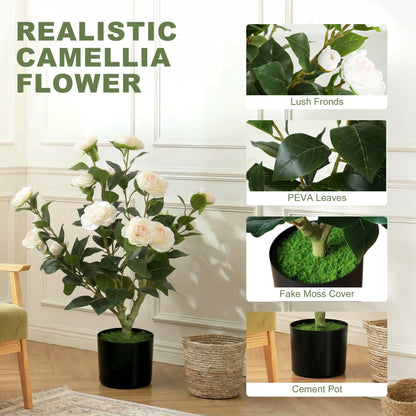 The artificial plant with detailed close-up panels showing leaves and the mossy pot base
