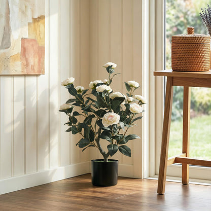 The artificial plant placed in the corner of a bright room next to a wooden side table
