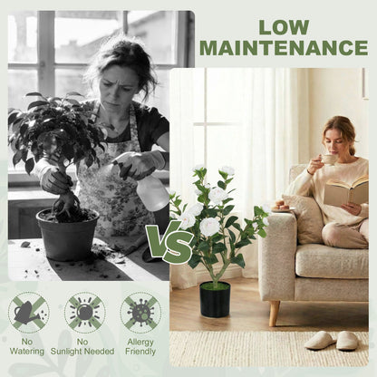 The artificial plant compared to a real plant to show low maintenance benefits