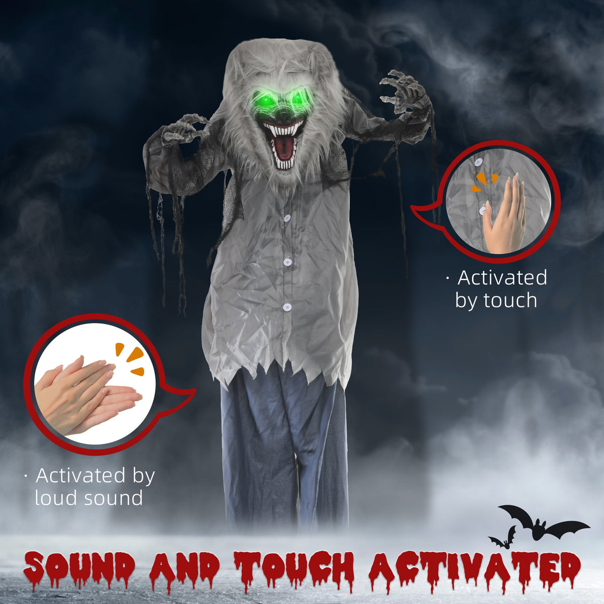 The werewolf animatronic with text explaining it is sound and touch activated